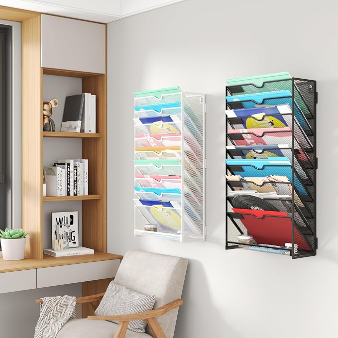 Lavatino 10-Tier Hanging File Organizer, Wall Mount File Holder for Mails Folders Papers Magazine Organization, Vertical Document Organizer for Office Home White - Image 6