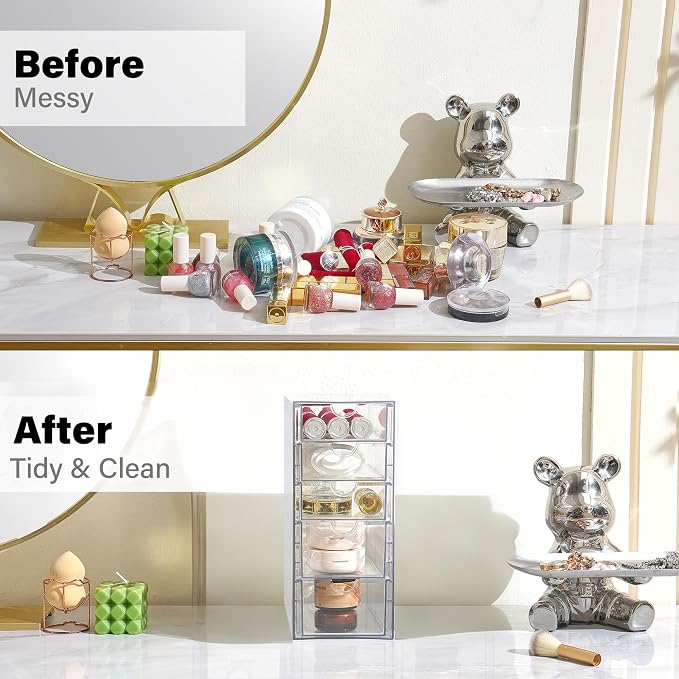 Prsildan Hair Accessories Organizer Acrylic Drawer with 5 Small Drawers | Clear, For Bathroom Vanity Office Desk, Jewelry Makeup Storage - Image 4
