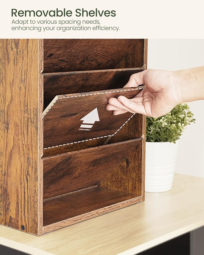 Wall File Organizer, 10-Tier Hanging Mail Organizer, Wall Mount File Holder with 4 Side Hooks, Mail and Storage Organizer, Wooden Vertical Hanging Holder for Office, Rustic Brown MWJ03FG - Image 4