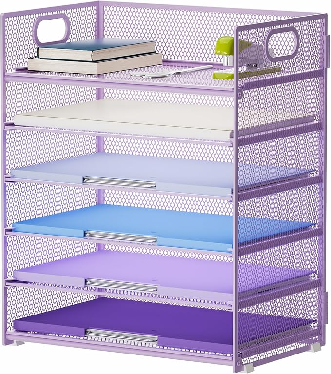 Marbrasse 6 Tier Paper Organizer Letter Tray - Mesh Desk File Organizer with Handle, Paper Sorter for Letter/A4 Office File Folder Holder - Purple by Marbrasse
