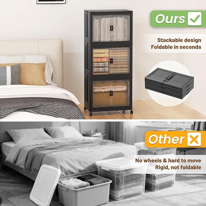 SAILUN 105Qt Stackable Storage Bins,Storage Cabinet with a Lid,3 Pack Black | Stackable Storage Drawers with Lids,18" W x 11" D x 32" H,Featuring open-front Access for and Closet Storage - Image 2