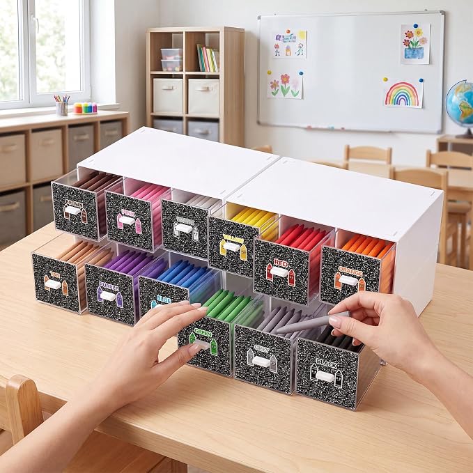 12 Pcs/ 4 Pack Plastic Crayon Organizer for Classroom Crayon Storage Boxes Drawer for Back to School Marker Pen Art Craft Supplies Crayons Container for Classroom Office Table with Color Label - Image 4