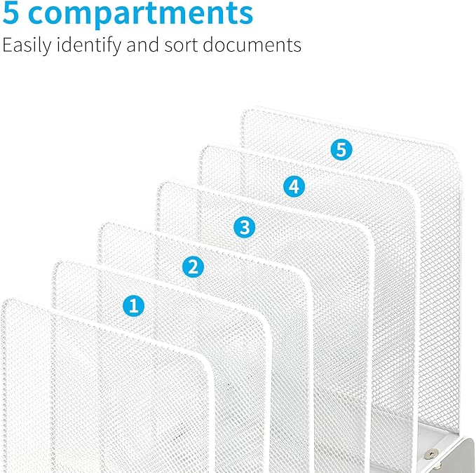LEKETREE File Organizer for Desk, Desk Organizer with 5-Section Vertical File Rack, File Folder Organizer, Desk Accessories & Workspace Organizers(White) - Image 2