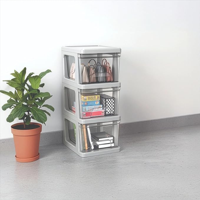 Plastic Drawer Wide Tower Plastic Storage Cart with Clear Pull Out Drawers, Silver (3 Drawer Wide Tower) - Image 2