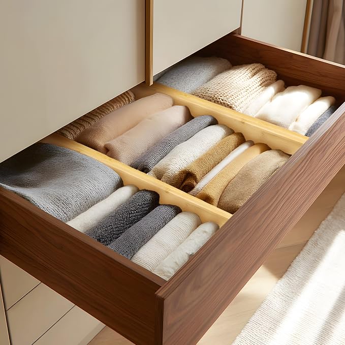 VaeFae 6 Pack Bamboo Drawer Dividers, 4" High Adjustable 16.6" - 21.8" Clothes Drawer Organizers, Expandable Separators for Bedroom/Bathroom/Kitchen/Office Storage - Image 3