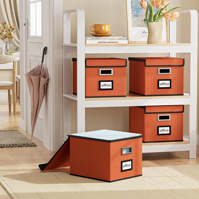 File Organizer Box with Lids, Collapsible File Folder Organizer | File Box with Plastic Slides for Document, Filing Bin for Letter Size Hanging File Folders (1 Pack, Reddish Organge) - Image 2