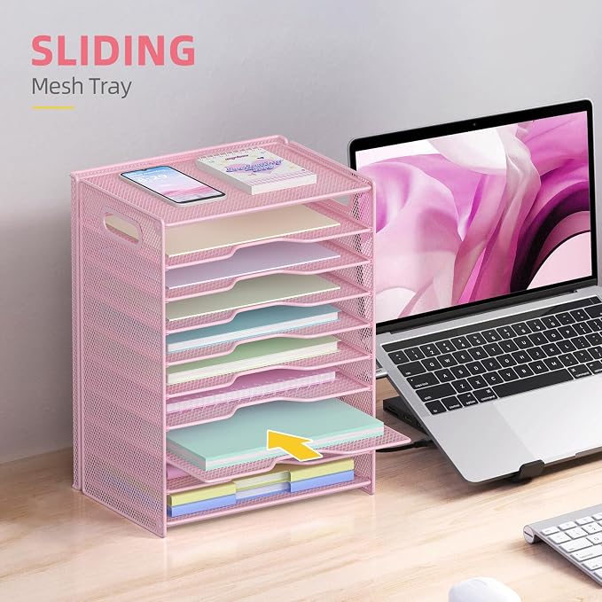 OUTWOLF 10 Tier Paper Organizer - Letter Tray Mesh Desk File Organizer with Handles for Office School Desktop, Pink - Image 5