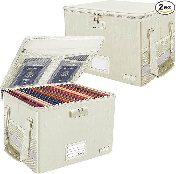 ENGPOW File Box with Lock,Fireproof Document Box with Zipper Lid,Collapsible File Storage Organizer Filing Cabinet with Handles,Portable Home Office Safe for Hanging Letter/Legal Folders,Beige,2 Pack by ENGPOW