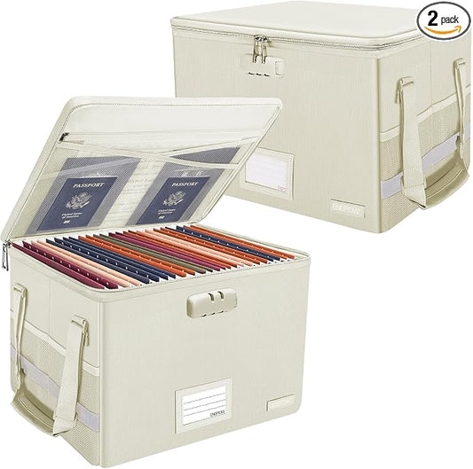 ENGPOW File Box with Lock,Fireproof Document Box with Zipper Lid,Collapsible File Storage Organizer Filing Cabinet with Handles,Portable Home Office Safe for Hanging Letter/Legal Folders,Beige,2 Pack by ENGPOW
