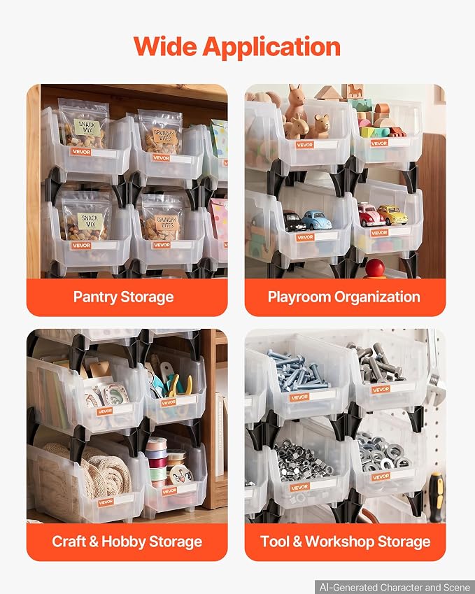 VEVOR Plastic Stackable Storage Bins, 10.9 x 5.5 x 5.1 inch (8 Pack), Plastic Containers for Organizing & Storage Bins for Closet, Garage, Small Parts, Office Supplies, Other Accessories, Transparent - Image 3