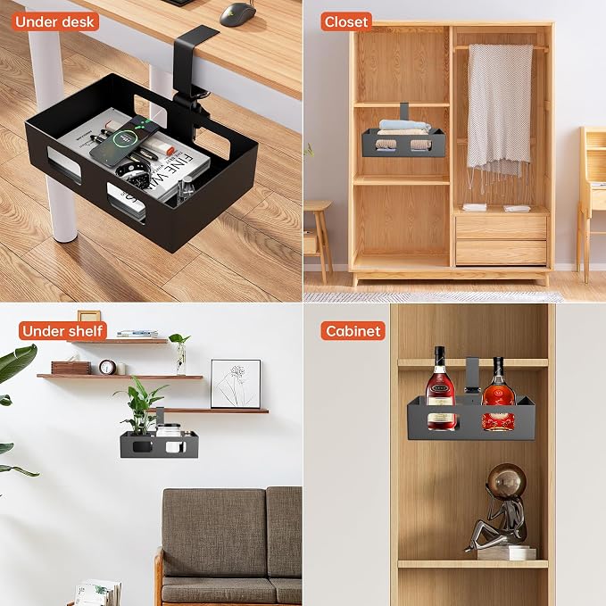 2 Pack Clamp-on Swivel Organizer, Under Desk Hidden Storage Drawer with Cable Hole, Hanging Metal Basket for Extender Space - Image 6