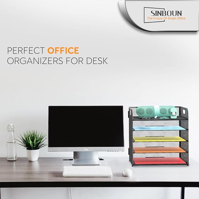 2 Pack Letter Tray 5-Tier Desk Organizer File Paper Holder with Handle, Metal Desktop Document Shelf Tray Office Classroom Organization - Black - Image 7