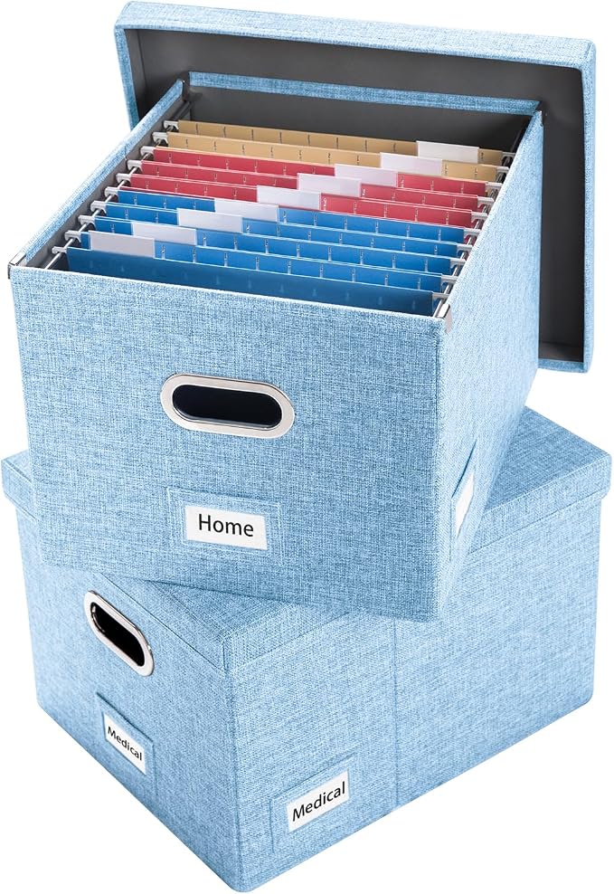 File Organizer Box - Set of 2 Collapsible Decorative Linen Filing Storage with Lids Office Cabinet Letter/Legal Size Blue (17x14x11.2 inch) by Prandom
