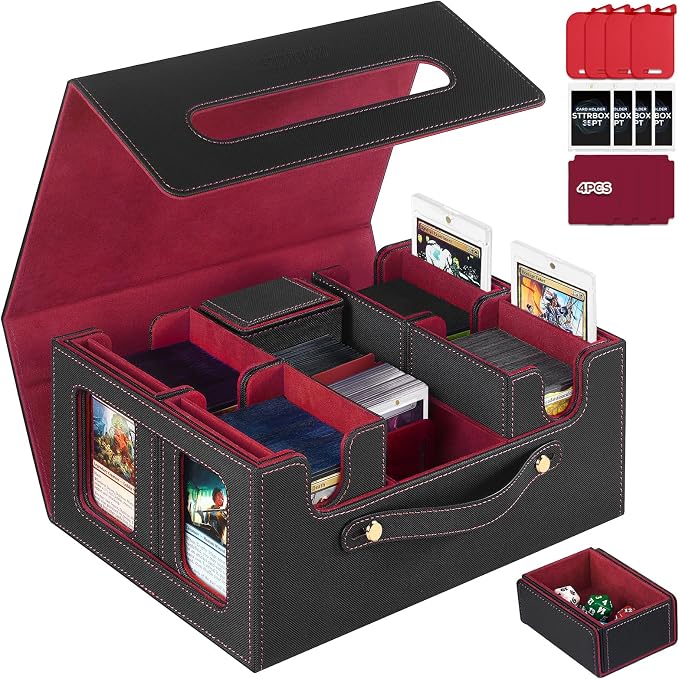 Trading Card Storage Box for MTG, MTG commander deck box，Multi-purpose Deck Case for MTG TCG Sports Card, 4 Toploaders, 4 Stoppers, 4 Colorful Dividers (Black & Red) by CardStorageBoxformtg