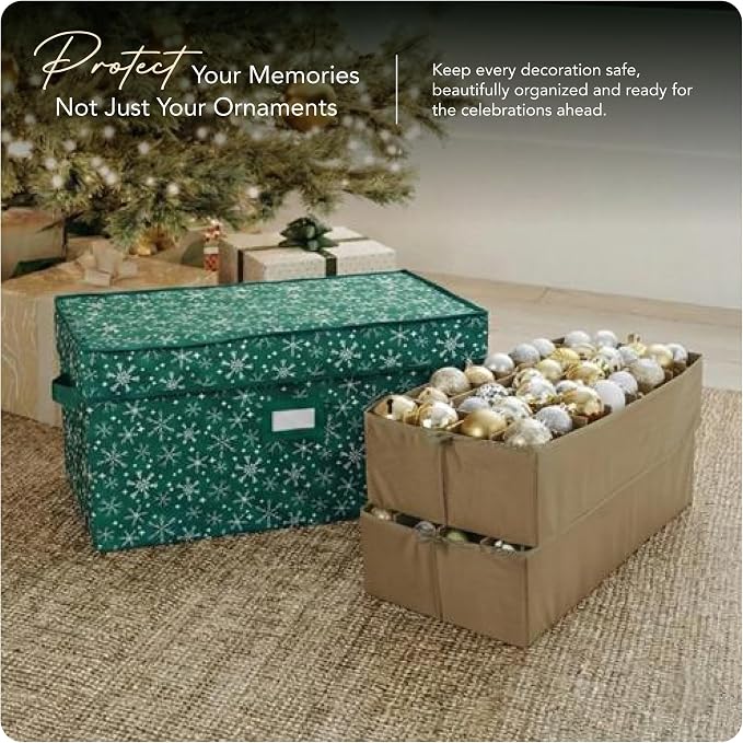 Covermates Keepsakes Adjustable Ornament Storage Box – Heavy-Duty Polyester, Padded Dividers & FlexGrid Trays – Protective Holiday Organizer with Stackable Walls & Label Window, Green Snowflake - Image 2