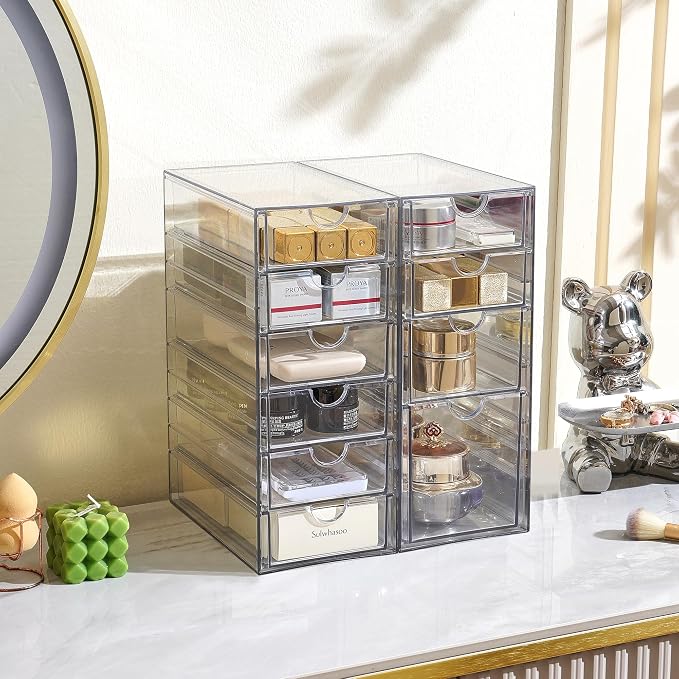 Prsildan Hair Accessories Organizer Acrylic Drawer with 10 Drawers | Clear, Craft Art Supply Storage, For Office Desk Bathroom Vanity Countertop, Set of 2 - Image 2