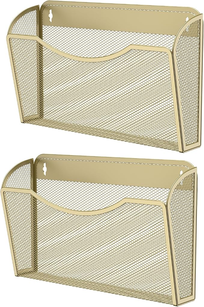 MINDEPOT Wall File Organizer, Hanging Wall File Holder, 2 Pack, Gold | Heavy Duty Iron, Metal Mesh Wall Mount, Single Pocket, Mail Organizer, for Office School Classroom Home, Letter A4 Size by MINDEPOT