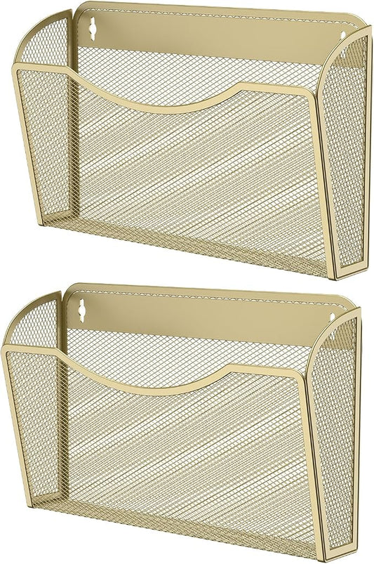 MINDEPOT Wall File Organizer, Hanging Wall File Holder, 2 Pack, Gold | Heavy Duty Iron, Metal Mesh Wall Mount, Single Pocket, Mail Organizer, for Office School Classroom Home, Letter A4 Size by MINDEPOT