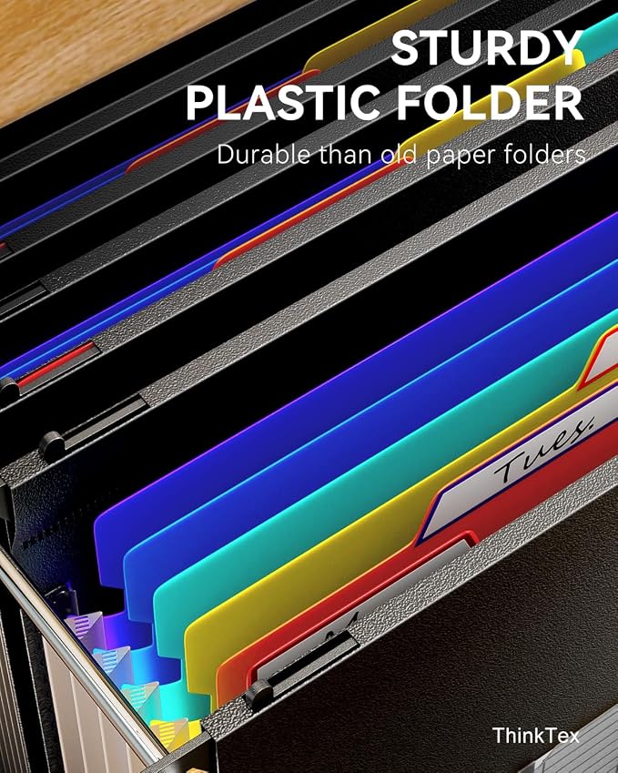 ThinkTex Plastic Expanding Hanging File Folders, 7 Innovative 1.2" Accordion Pockets, Large Capacity, Multi-Color Tabs, Legal Size for Filing Cabinet - 3 Packs | Large Capacity, Multi-Color Tabs, Legal Size for Filing Cabinet - 3 Packs - Image 3