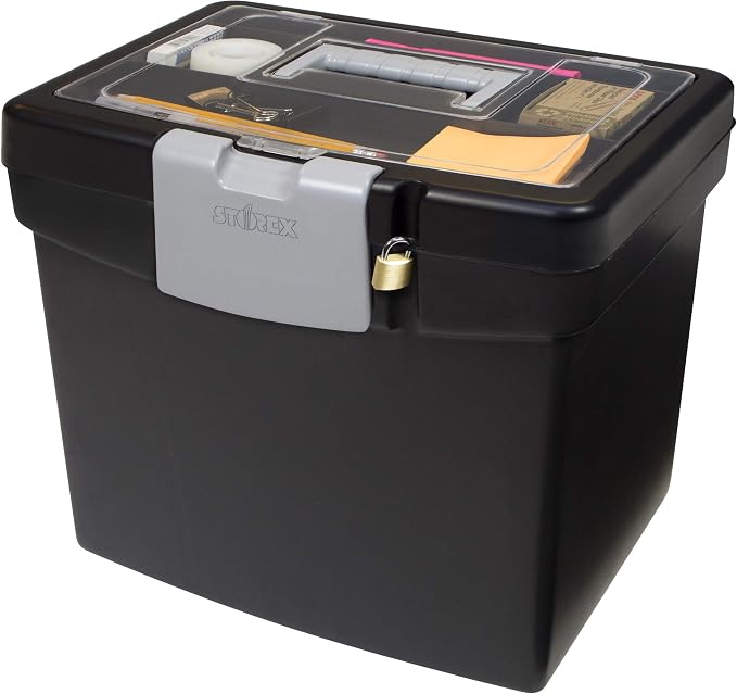 Storex Portable File Box with Organizer Lid – Plastic Office File Storage Box for Letter Paper and Hanging Folders, Obsidian, 1-Count (61504C01C) by Storex