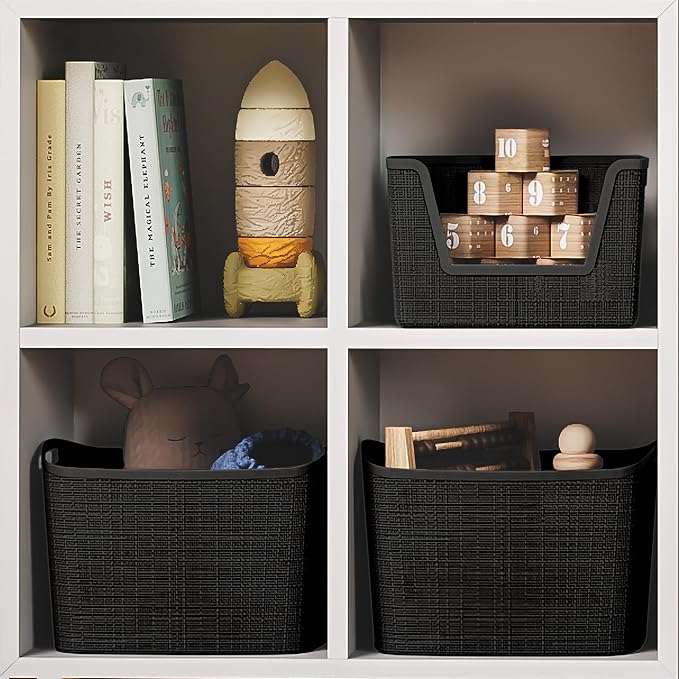 Curver Set of 4 Large 18L Easy Access Jute Decorative Plastic Organization and Storage Baskets - Perfect Bins for Home Office, Closet Shelves, Kitchen Pantry and All Bedroom Essentials, Black - Image 8