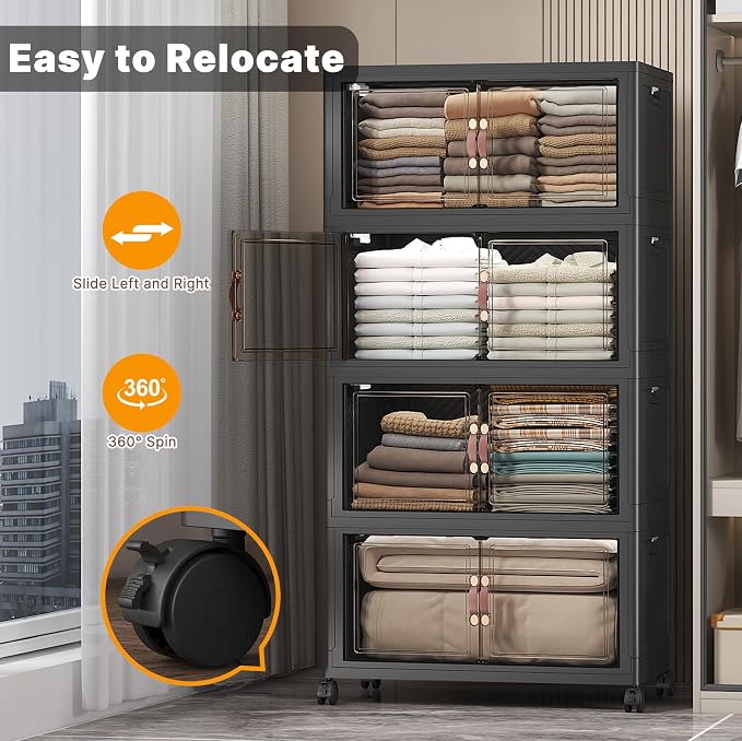 Stackable Storage Bins, 560QT Collapsible Drawers with 1 Lid | Large Capacity, Magnetic Door, Stack Lock, Rolling Wheels, Foldable Design, Organizers and Storage for Bedroom Dorm Garage - Image 8