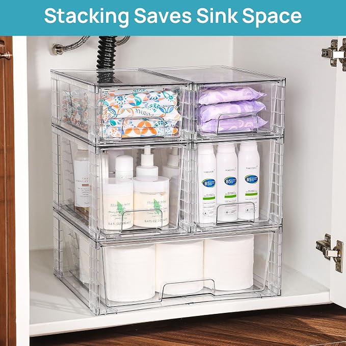 Vtopmart Clear Stackable Storage Drawers, 5 Pack Multi-Size Organizer Set | Wide, Medium and Small Pull-Out PET Drawers with Stackable Design for Cabinets, Closets, Pantry and Bathroom Organization - Image 4