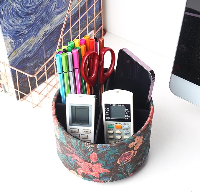 Round Leather Art Supply Organizer,Remote Control Holder,360 Degree Spinning,Multi-Functional Pencil Holder,4 Compartments Desktop Stationary Organizer(1-Wood Leather Red)