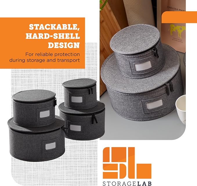 4-Piece China Plate Storage Set | Hard Shell Dividers | Gray | 4 Hard Shell Plate Cases - Dinner, Salad, Dessert & Saucer, 12 Plates Each, 48 Total. Felt Dividers, Stackable. - Image 4