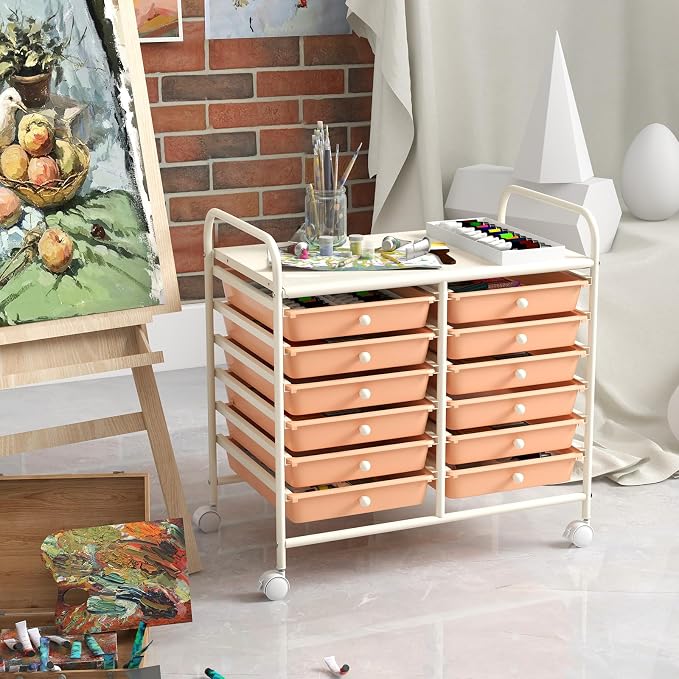 GOFLAME 12-Drawer Rolling Storage Cart, Multifunctional Art Craft Organizer Cart, Mobile Utility Storage Cart with Removable Drawers & Lockable Wheels, Craft Cart for Home Office School, Peach Fuzz - Image 8