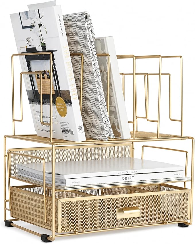 BLU MONACO | Gold Desk Organizer With Drawer | Metal Mesh File Holder & Vertical File Organizer | Desktop Storage for Office Supplies, Papers & Folders | 9.3" D x 13" W x 14" H by Blu_Monaco