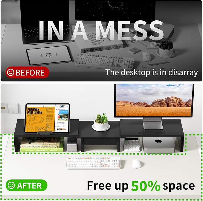 Dual Monitor Stand Riser - Computer Monitor Stand for 2 Monitors，Office Desktop Organizer，Adjustable Length and Angle 3 Shelf with Storage Drawer Phone Holder for Monitors and Laptops-Black - Image 4