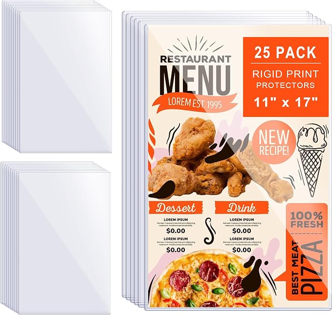 AKONEGE 25Pcs 11" x 17" Rigid Print Protectors Hard Plastic Sleeves for Prints, Menu Cover, Heavy Duty Sheet Poster Protectors Clear Plastic Sleeves for Paper Photos Documents Magazines, Vertical by AKONEGE