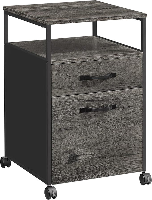 VASAGLE File Cabinet, Mobile Filing Cabinet with Wheels, 2 Drawers, Open Shelf, for A4, Letter Size, Hanging File Folders, Charcoal Gray and Ink Black UOFC071B04