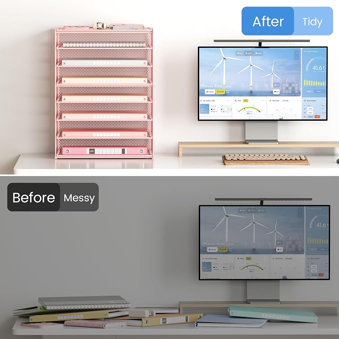 Lavatino 2 Pack 8-Tier Office Desk File Organizer, Letter Tray Paper Organizer with Handle, Including 5 Adjustable Slide Trays for Organizing Desk Workspace Accessories and Supplies (Pink Mesh) - Image 4
