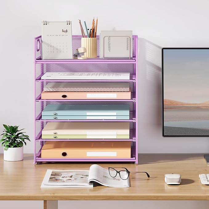 Subekyu 6 Tier Paper File Tray Organizer for Desk, Purple Mesh Desk Letter Paper File Folder Accessories Sorter Organizer with Handle, Stackable Slide Tray for Office, Home or School Supplies Storage - Image 7
