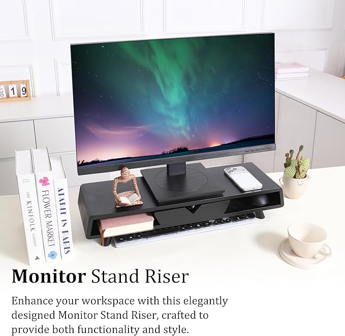 Homerays Monitor Stand with Drawer, Exquisite Computer Monitor Stand for Desk, Ergonomic Wood Monitor Stand Riser for Computer,Laptop,Printer,TV,Bamboo,Black - Image 6