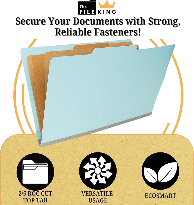 The File King Three Divider Pressboard Classification Pale Blue File Folder - Legal Size | Box of 10 | 2/5 ROC Top Tab | 3” Expansion | Six 2-Inch Fastener Prongs | USA Made - Image 3