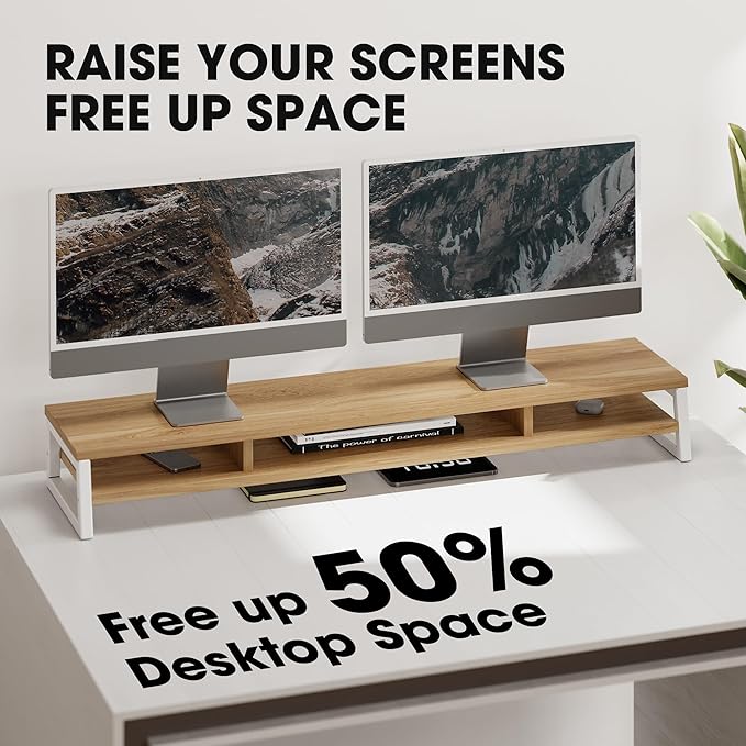 Fenge Dual Monitor Riser for Desk, Open Shelf with 3 Storage Compartments | 42.5in Computer Monitor Stand, 2-Tier Desk Shelf for Top of Desk,One-Piece Panel, fit Ultrawide Monitor, PC, Laptop, Dark Oak - Image 5