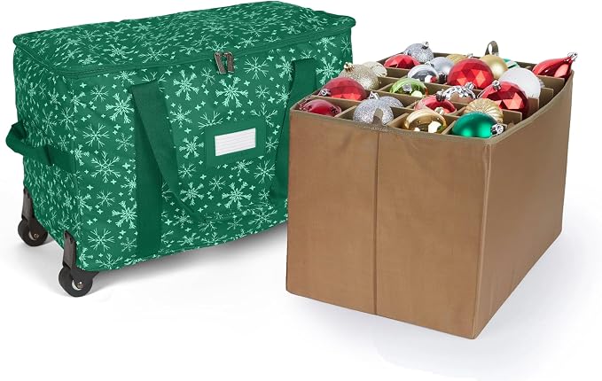 Covermates Keepsakes Rolling Adjustable Ornament Storage Bag – Heavy-Duty Polyester, FlexGrid Trays & Padded Dividers – Protective Holiday Organizer with Wheels, Handles & ID Window, Green Snowflake by Covermates