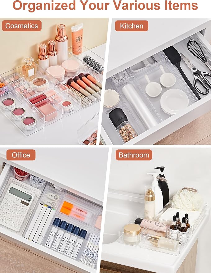 SMARTAKE 20-Piece Drawer Organizer with Non-Slip Silicone Pads, 7-Size | Desk Drawer Organizer Trays Storage Tray for Makeup, Jewelries, Utensils in Bedroom Dresser, Office and Kitchen (Clear) - Image 6