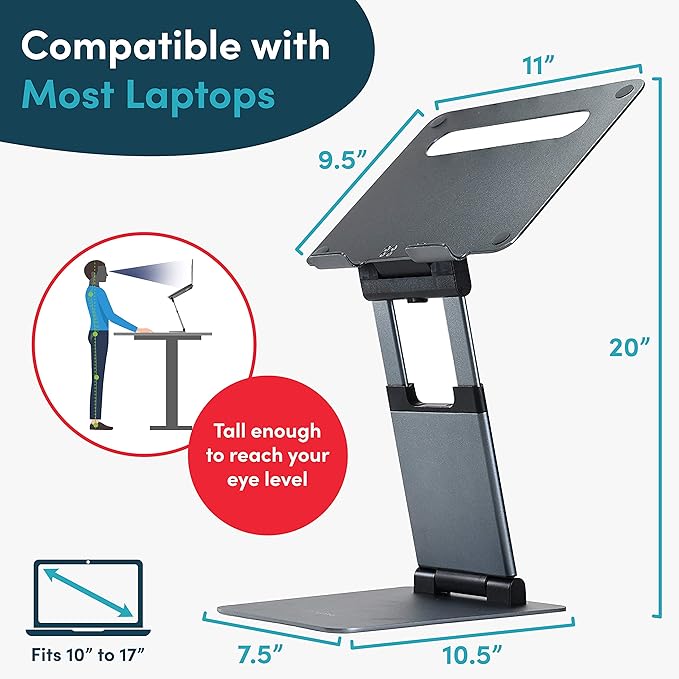 Lifelong Aluminum Adjustable Laptop Stand, Extra Tall 20" Riser, Grey | Ergonomic Portable Foldable Computer Stand, Fits 10-17” Laptops for Office Meetings, Teamwork & Desk Setup - Image 4