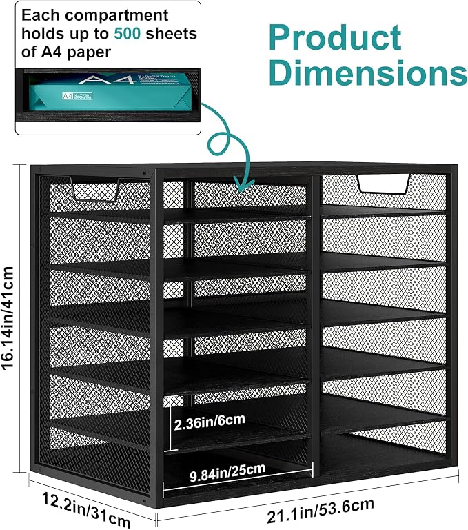 TQVAI 12 Compartments Desktop Literature Organizer, Metal Frame Paper Sorter with Handles, Adjustable Mailbox for Classroom and Office, Desk File Organizer for Document, Bill, Magazine, Black - Image 2