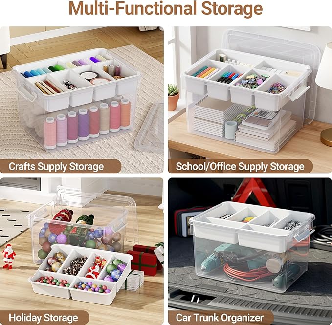 80Qt Stackable Storage Bins with Lids Trays Craft Box Organizers, 2Pack,WH | Clear Plastic Latching Boxes Organizers with Dividers Portable Containers for Arts & Crafts, Home Office Classroom Car Trunk - Image 4