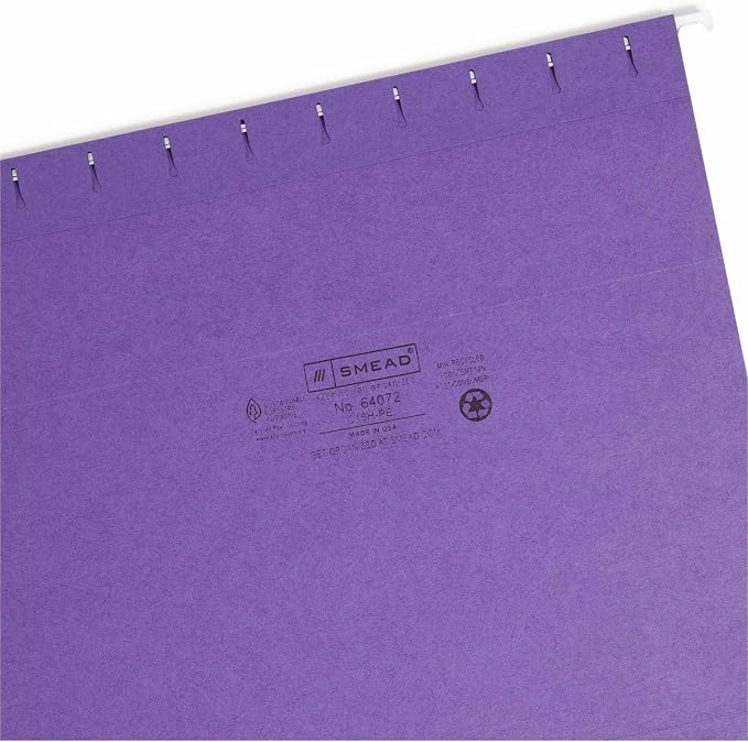 Smead Colored Hanging File Folder with Tab, 1/5-Cut Adjustable Tab, Letter Size, Purple, 25 per Box (64072) (Pack of 1) - Image 6
