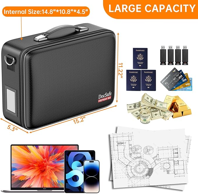 DocSafe Fireproof Document Box Hard Case with Lock ＆ Accordion File Folder | Fire and Water Resistant Safe Box,File Organizer,Multi-Pocket,Home Office Travel Storage for Important Document,Laptop,Black - Image 5