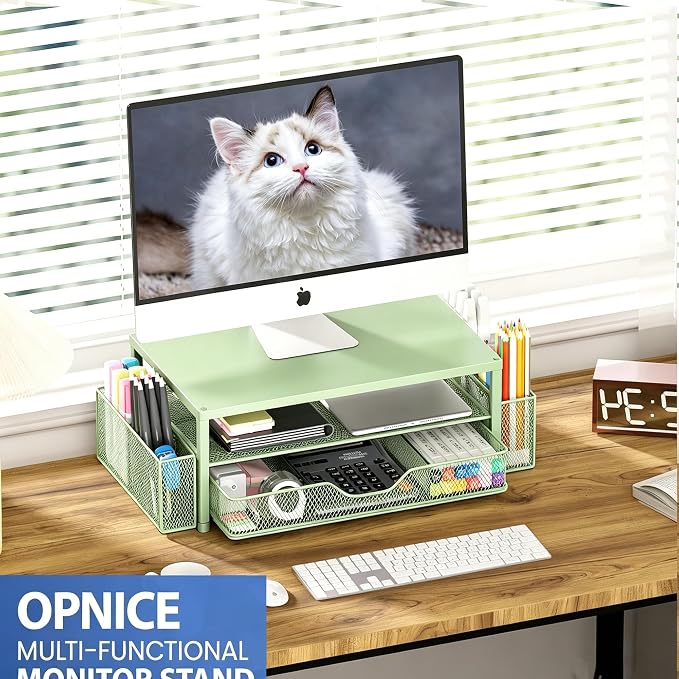 Desk Organizers and Accessories, Computer Monitor Stand Riser with Drawer and 2 Pen Holders, Printer & Laptop Stand, Office Desk Accessories & Workspace Organizers for Home Office Supplies, Green - Image 3
