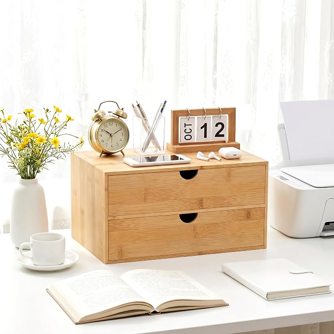 Bamboo Desk Organizer with Drawers, Desktop Storage for Office Supplies | 2 Drawers Desktop organizer, No Assembly Required, Natural Wood Wooden Desktop Drawers Box for Bills, Cosmetics, Seals, Paper - Image 2