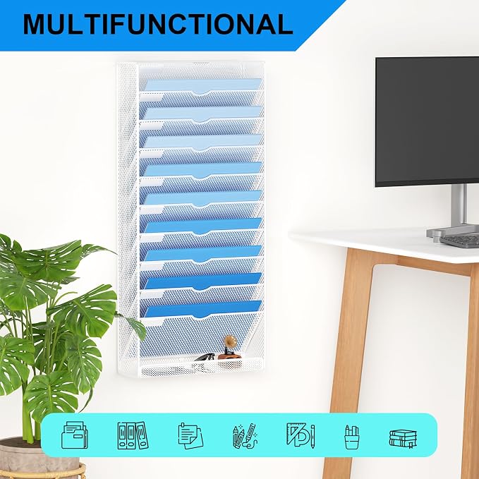 Hanging Wall File Organizer 10 Tier Wall Mounted File Holder Document Wall Organizer Magazine Organization for Office Home, White - Image 6