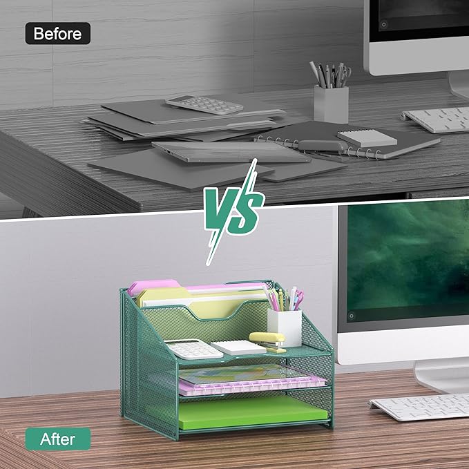 Samstar Green Desk File Organizer, Mesh Letter File Folder Holder with 3 Paper Trays and 2 Vertical Upright Section, for Office Supplies, Desk Accessories & Workspace, Green - Image 6